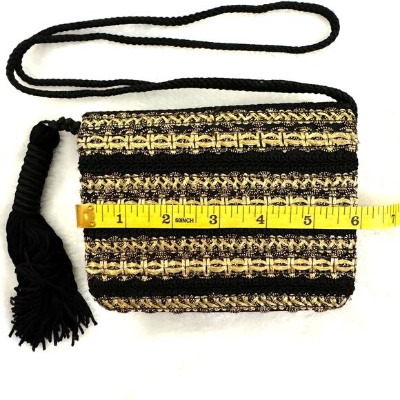 Small Black Velvet and Gold Brocade Crossbody Purse with Tassel Never Used New - Picture 7 of 8